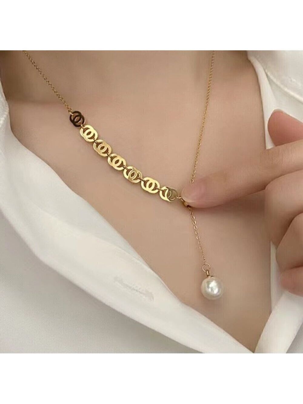 18K Gold Plated Titanium Steel Y Style CC Necklace With Faux Pearl